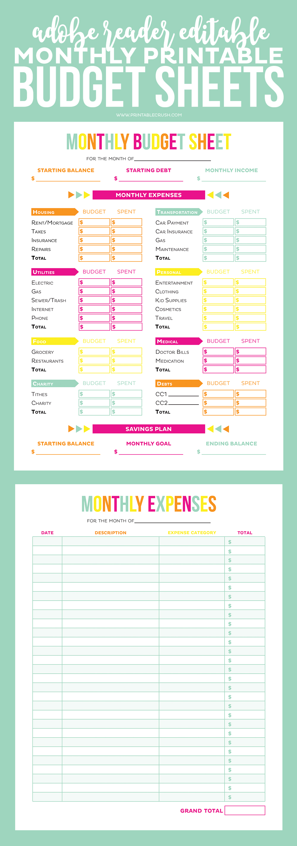 Get your finances in order with these Editable Printable Budget Sheets! Includes monthly budget and expense sheets so you can easily keep track of your money!