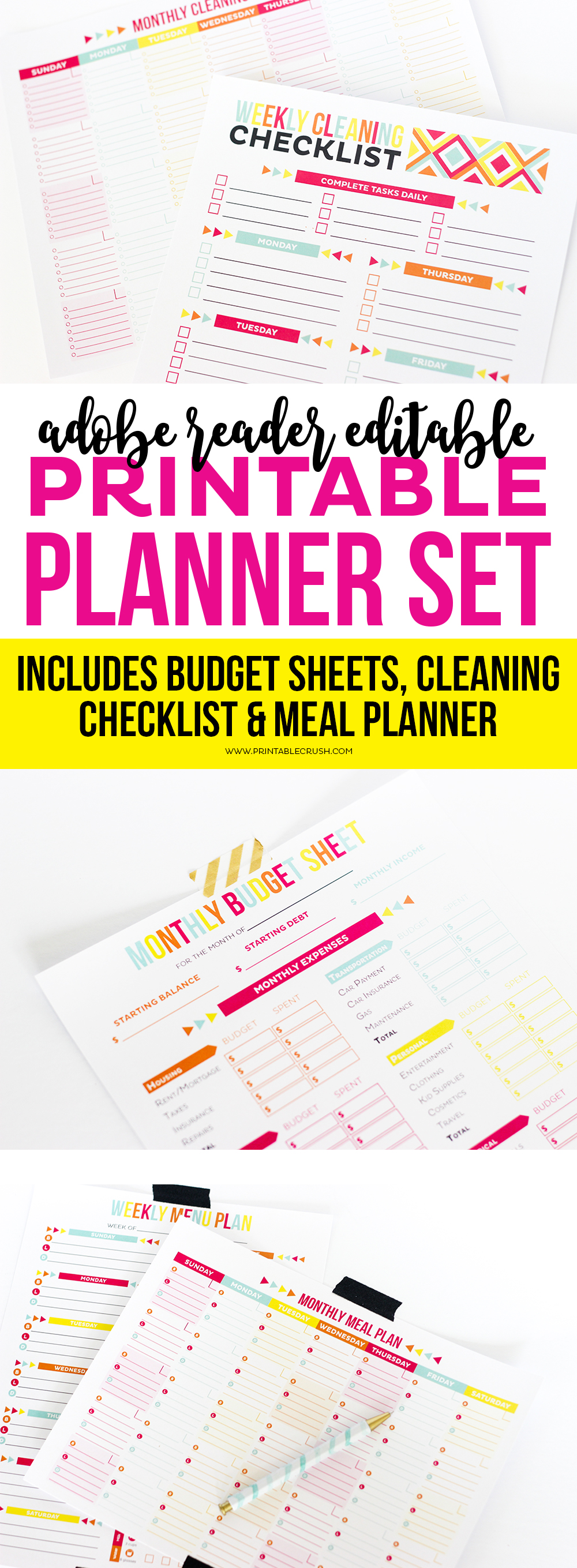 Get these Adobe Reader Editable Planners to keep you more organized! Includes meal planner, budget sheets and a cleaning checklist!