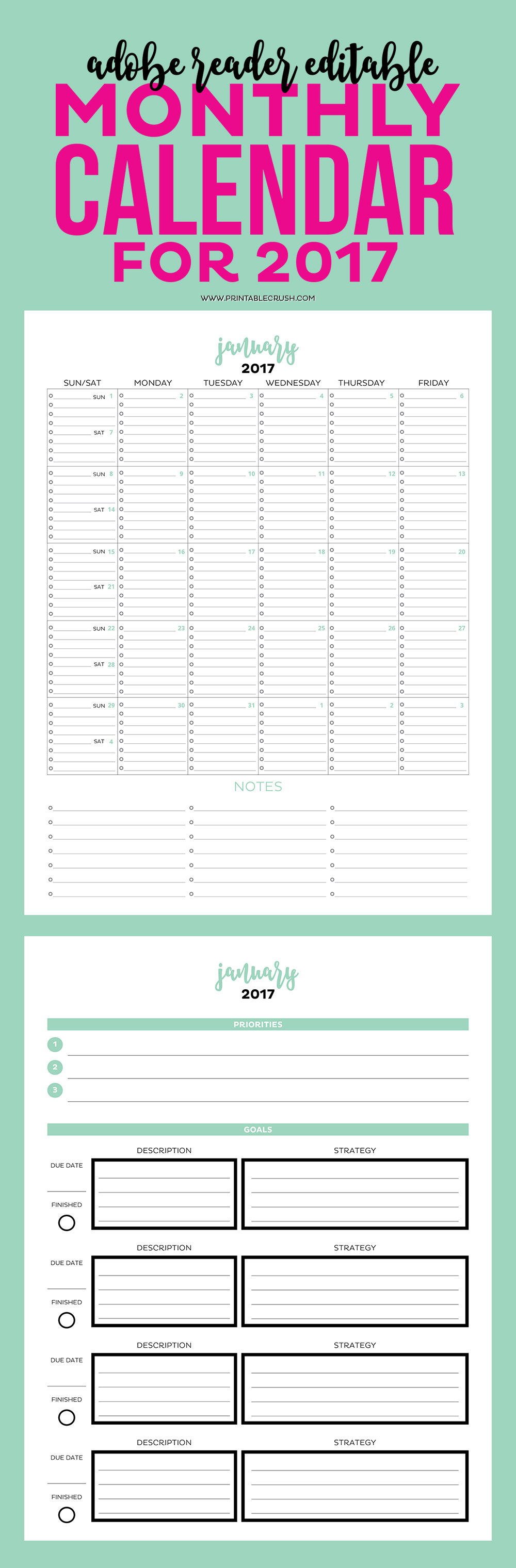 Editable 2017 Simple Monthly Calendar and Goal Tracker 