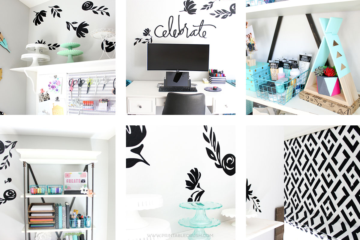 Find all the details for this GORGEOUS Craft Room and Home Office Makeover, including where to buy everything and links to all the DIY tutorials!