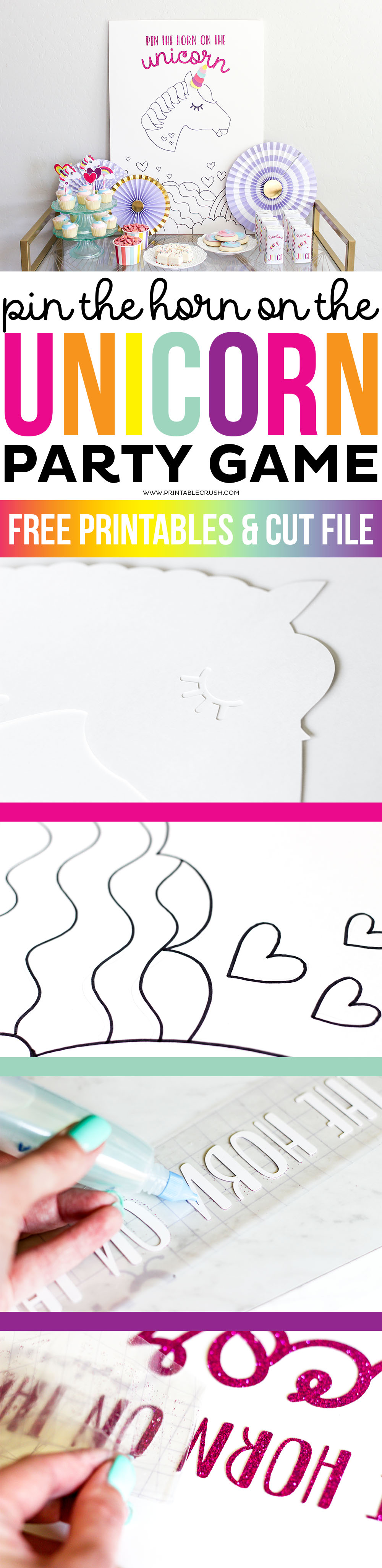 See this tutorial and download the FREE Cricut Cut Files for this Pin the Horn on the Unicorn Party Game. This new take on a classic game is a huge hit! via @printablecrush