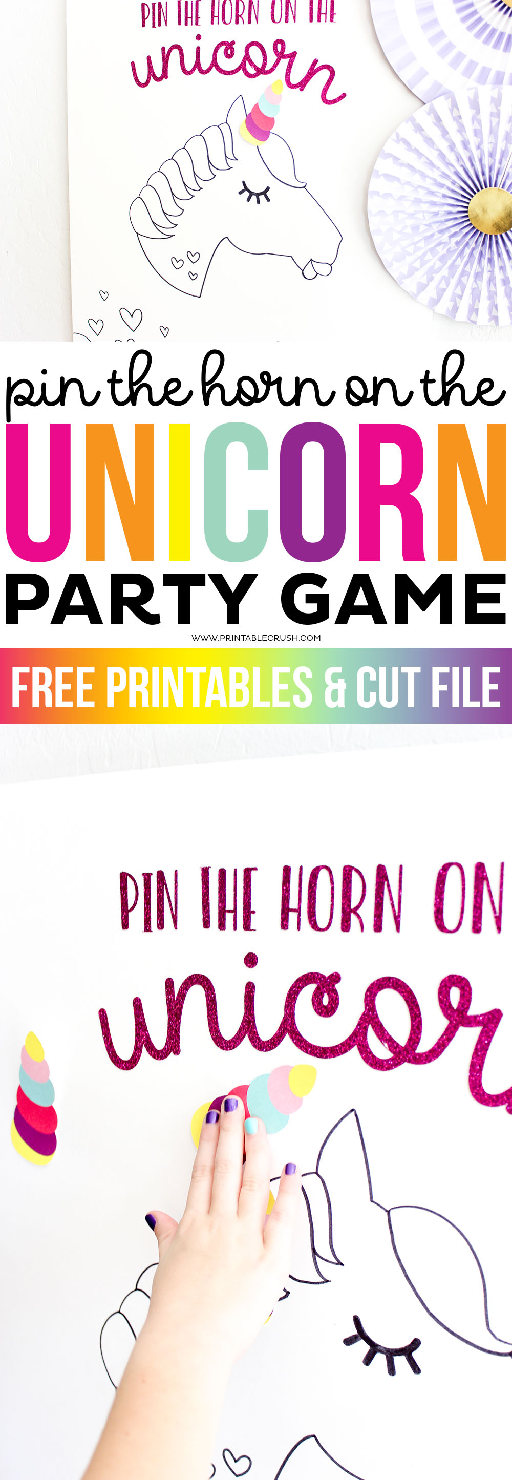 This Pin the Horn on the Unicorn Party Game is adorable and so easy to create with free Cricut Cut Files!