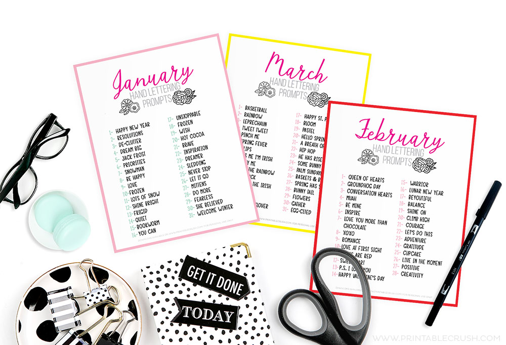 Monthly Hand Lettering Prompts so you can letter Daily