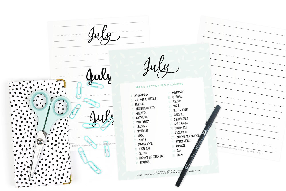 These July Hand Lettering Prompts and free worksheets are all about Summer, 4th of July, and beach time fun!! Practice every day to improve your hand lettering skills!