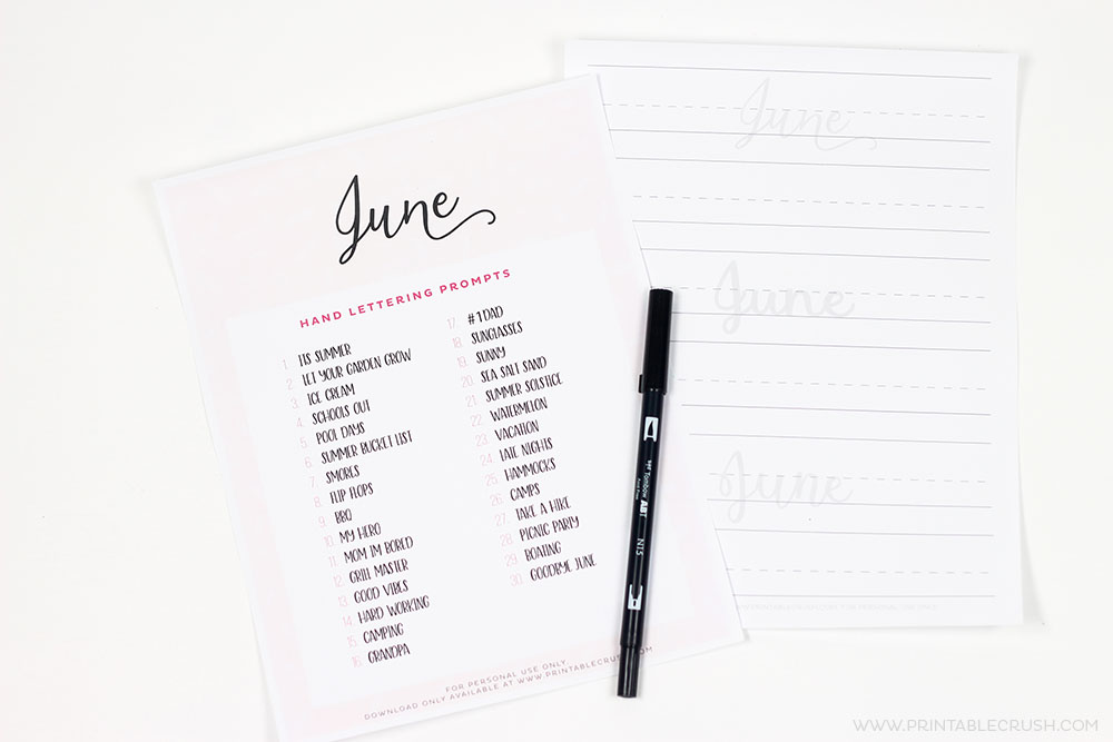 June Hand Lettering Prompts are all about summer, Father's Day, and school's out!