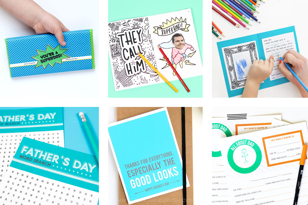 Treat dad with something fun with these 9 FREE Father's Day Printables! Includes father's day cards, questionnaires, candy bar wrappers, and more!