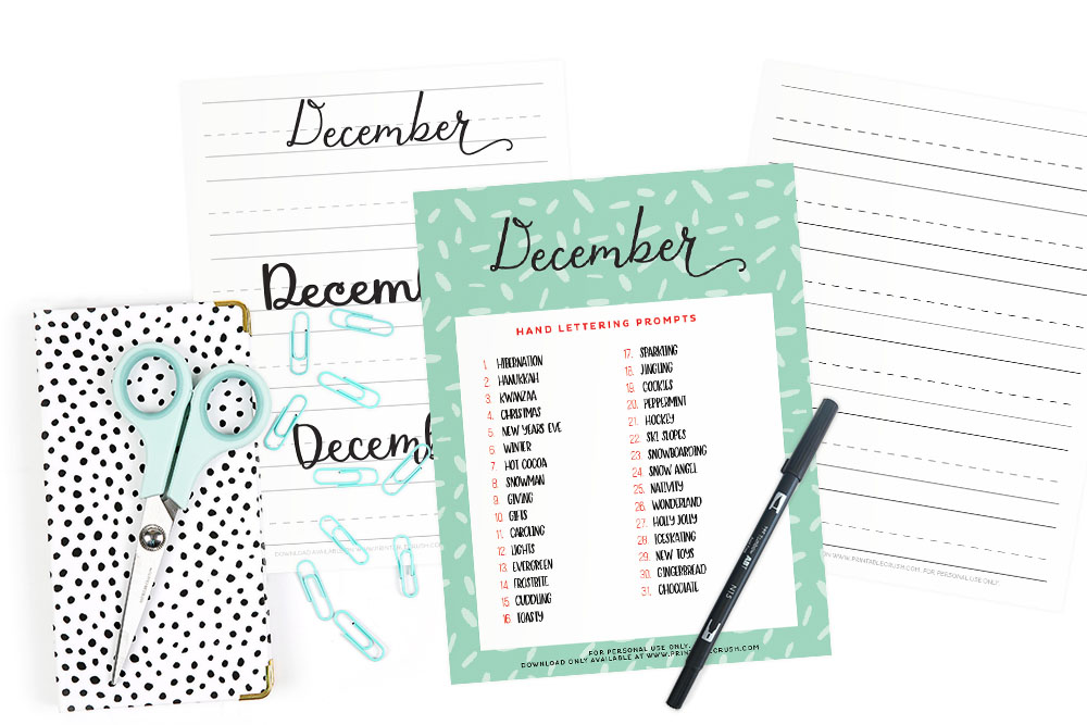 Get 34 December Hand Lettering Worksheets and Prompts FREE and practice daily to improve your hand lettering! Includes 31 sheets in three styles!
