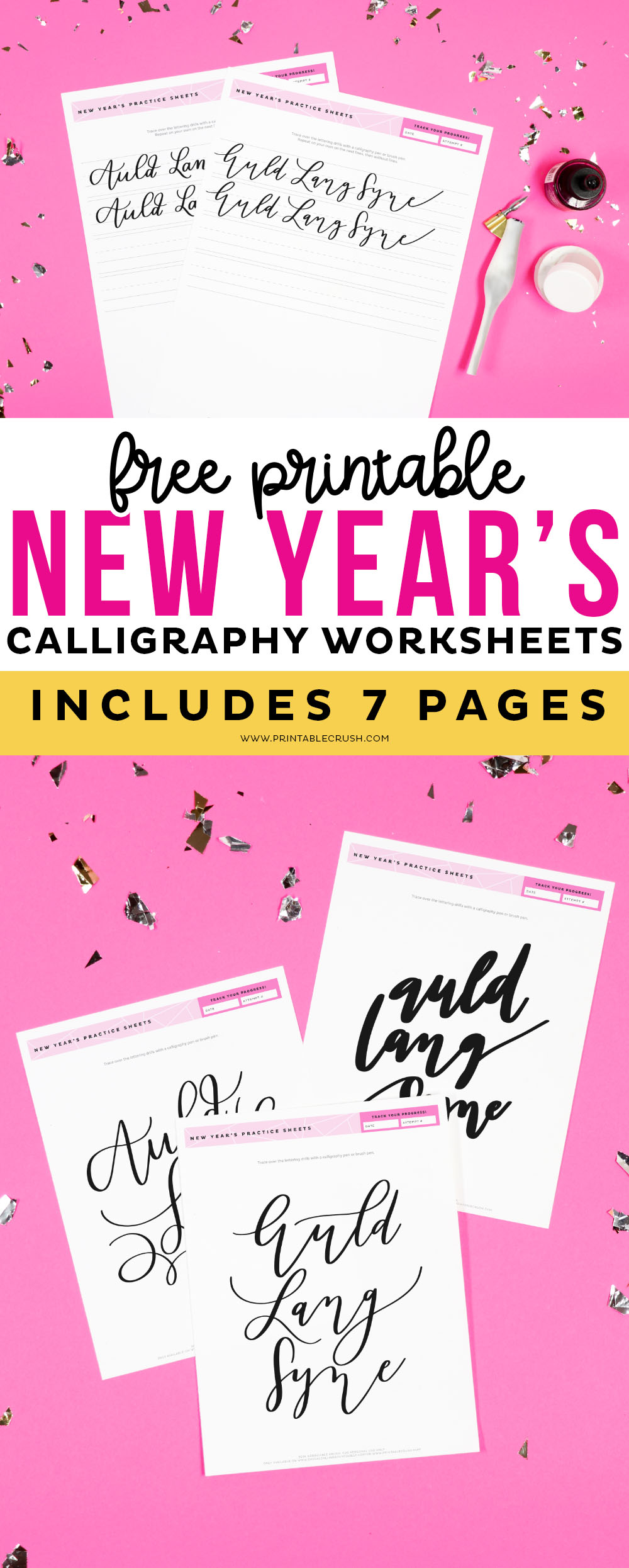 Free Auld Lang Syne Calligraphy Worksheets - New Year's Hand Lettering Practice Sheets - Calligraphy Practice - Printable Crush