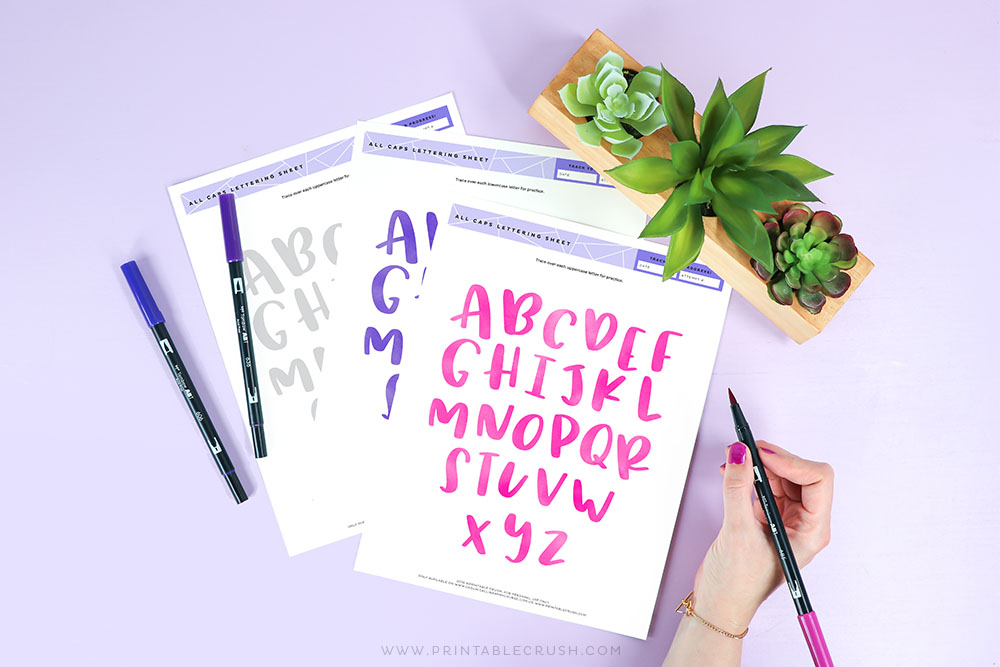 Free Printable All Caps Lettering Practice - Tombow Dual Brush Pens - All Caps Practice - Printable Crush